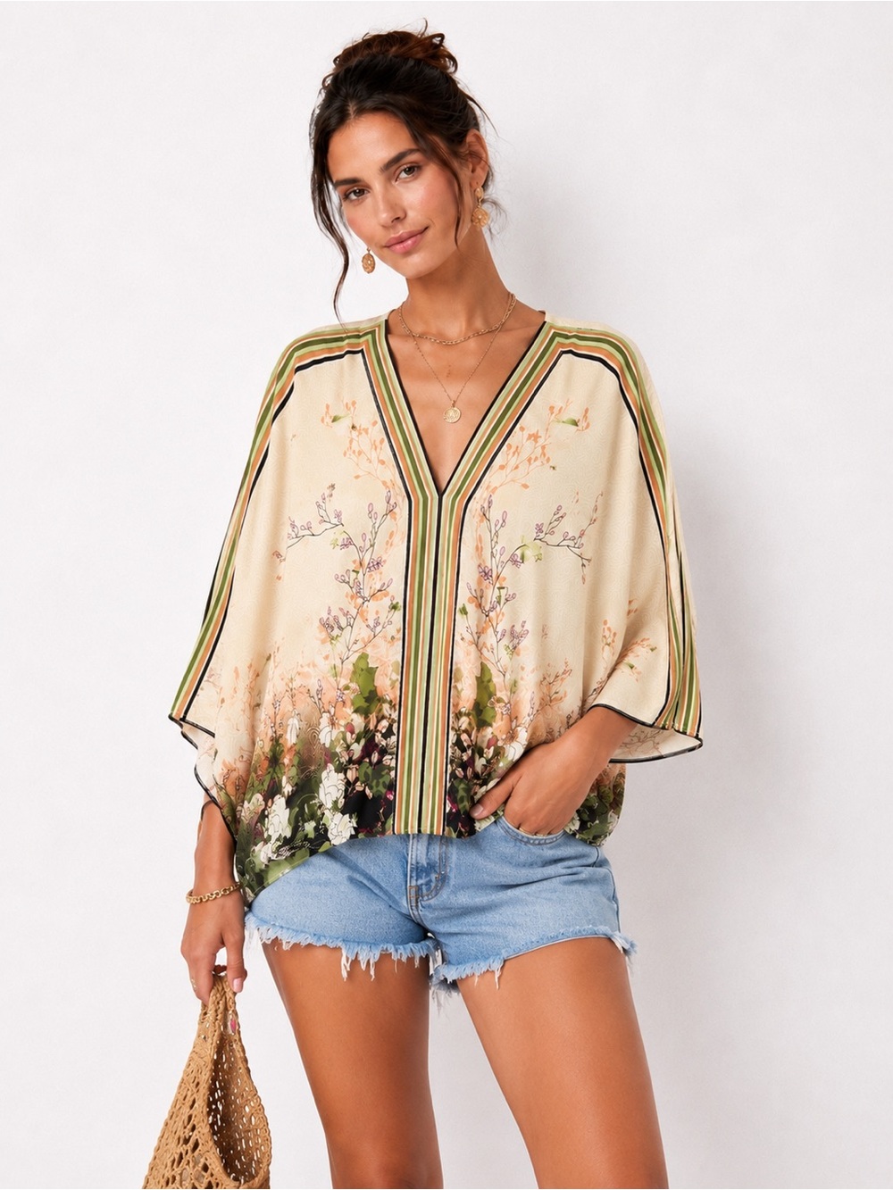 Rose& Olive Floral V-Neck Kimono Sleeve Top L/XL ( Free With $50 Purchase)